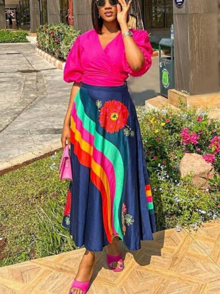 Summer Dresses for Women 2 Piece Outfits Pink Puff Sleeve Wrapped Tops and Midi Printed Swing Skirt Casual Festival Clothing