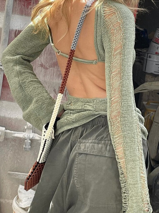 Y2K Knitted Tassel Women Backless Hollow Out Long Sleeve T Shirt Sexy Party Club Casual Beach Outfits Tee Top Summer