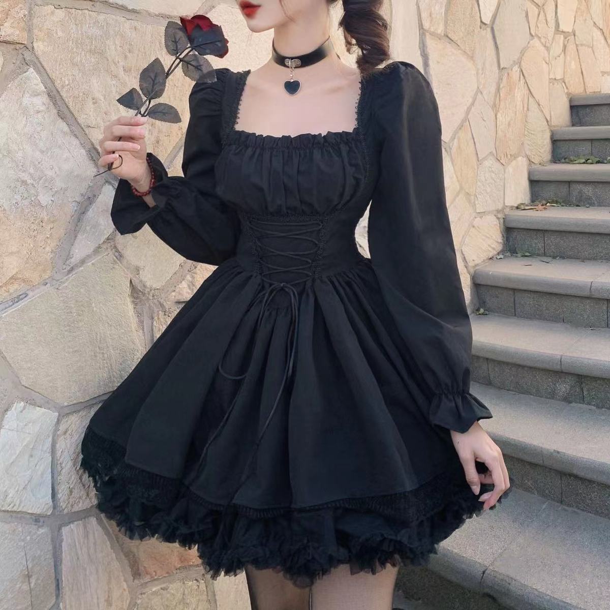 sixsr Womens New Trends White Lolita Dress Kawaii Vinatge Long Sleeve Mini Dresses Black Gothic Bandage Lace Patchwork Streetwear Square Collar