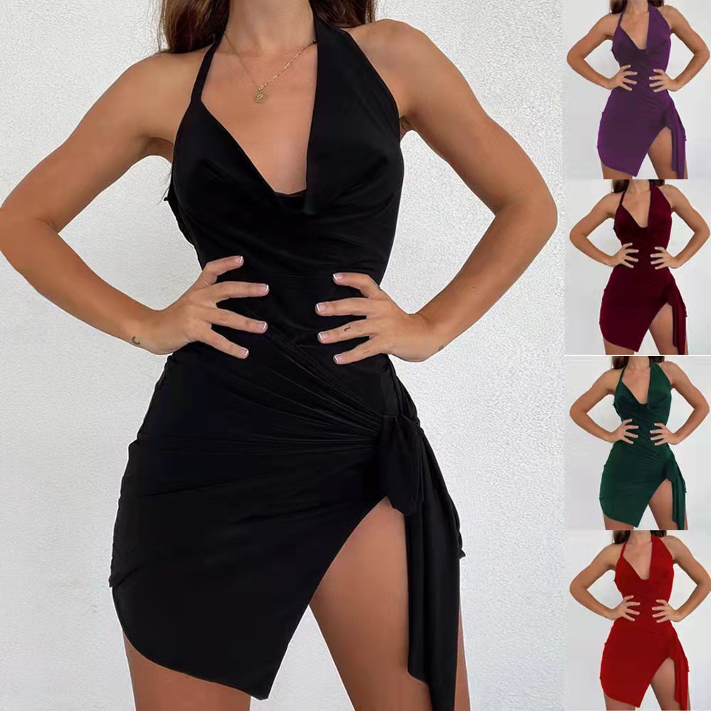 Summer New Women's Wear Halter Neck Hollow Strappy Slit Sexy Fashion Dress Sexy Backless Irregular Strappy Evening Dress