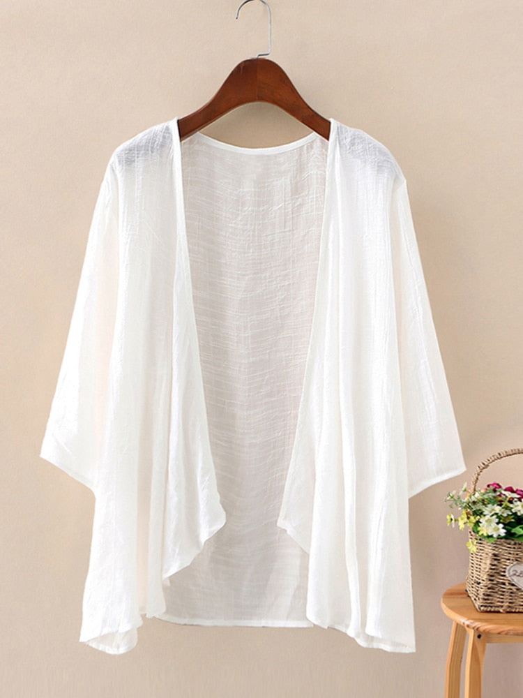 Sixsr Fashion Solid Cardigans Womens Summer Blouse Casual Long Sleeve Blusas Female Thin Tunic Tops Kimono Cape Plus Size