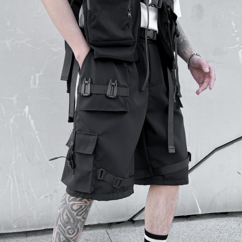 Sixsr 2024 Summer Tactical Techwear Cargo Shorts Ribbons Hip Hop Short Pants For Men Wide Leg Multi Pockets Casual Street Wear