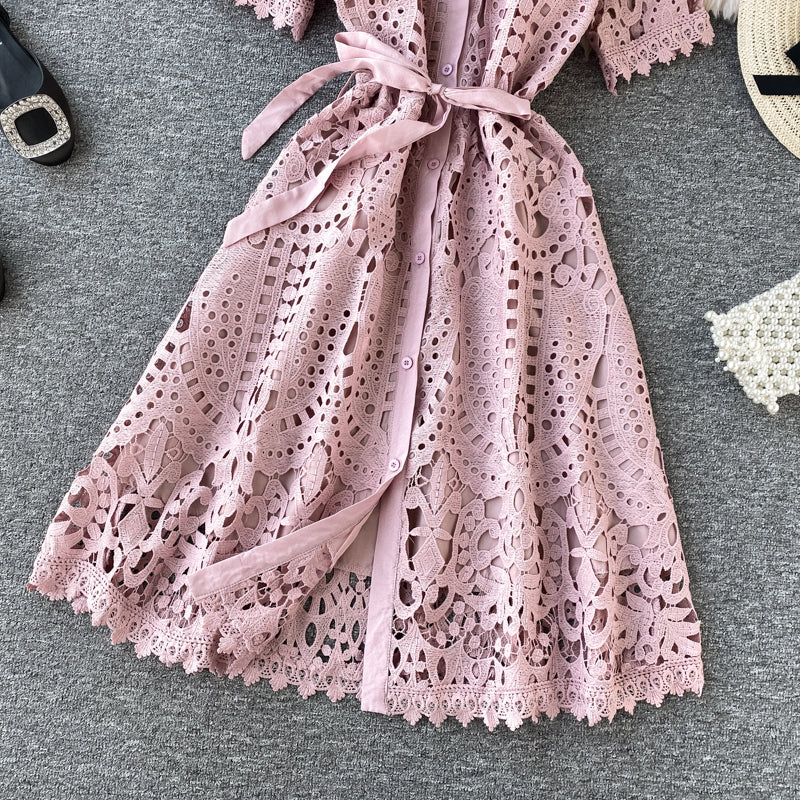 Sixsr Women Elegant Hollow Out Lace Dress Office Lady Summer Solid O-Neck Button up Sashes Midi Dress Female Chic Short Sleeve Dress