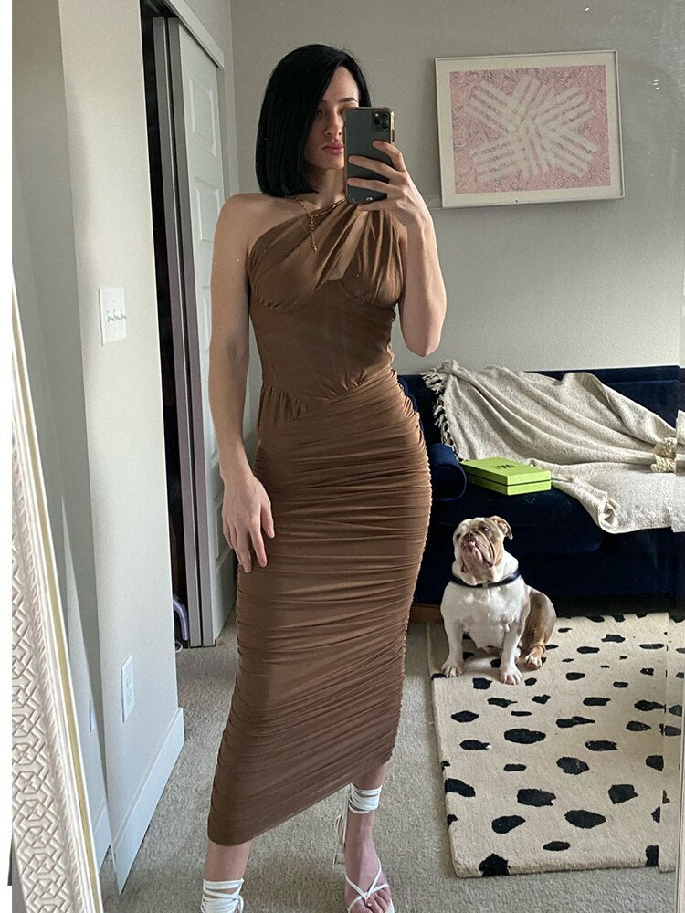 Summer Midi Mesh Dress Bodycon One Shoulder Draped Dress Women Night Party Dress Elegant Vestidos Stretchy High Quality
