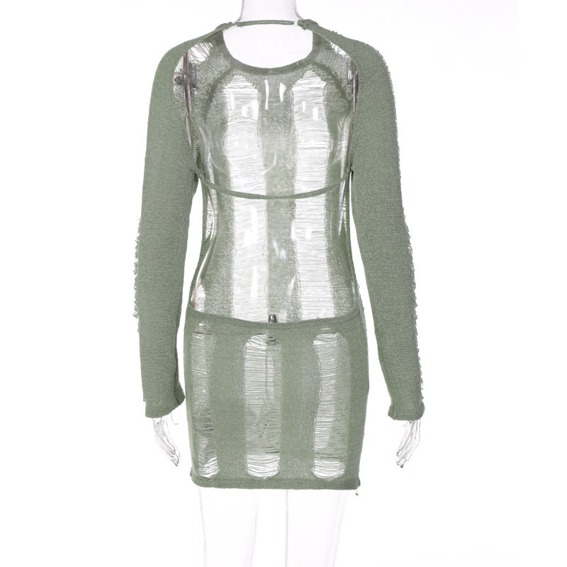 sixsr Fashion Trends Round Collar See Through Dress Women Sexy Long Sleeve Elegant Beachwear Hollow Out Backless Knitted Female Dress Summer