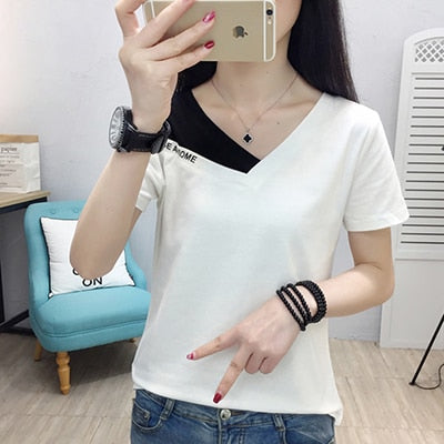 sixsr Fake Two Piece Tops Women T-Shirt Off Shoulder Tshirt Short Sleeve V-Neck Korea Fashion Summer Cotton Tee Shirt Femme