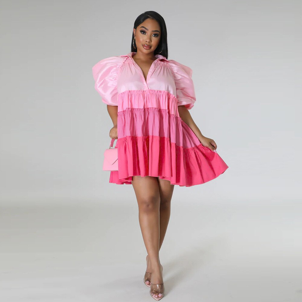Women Causal Oversized Short Dress ruched Puff Sleeve Button Down Color Block Loose Shirt Dress Mini Summer Clothes New