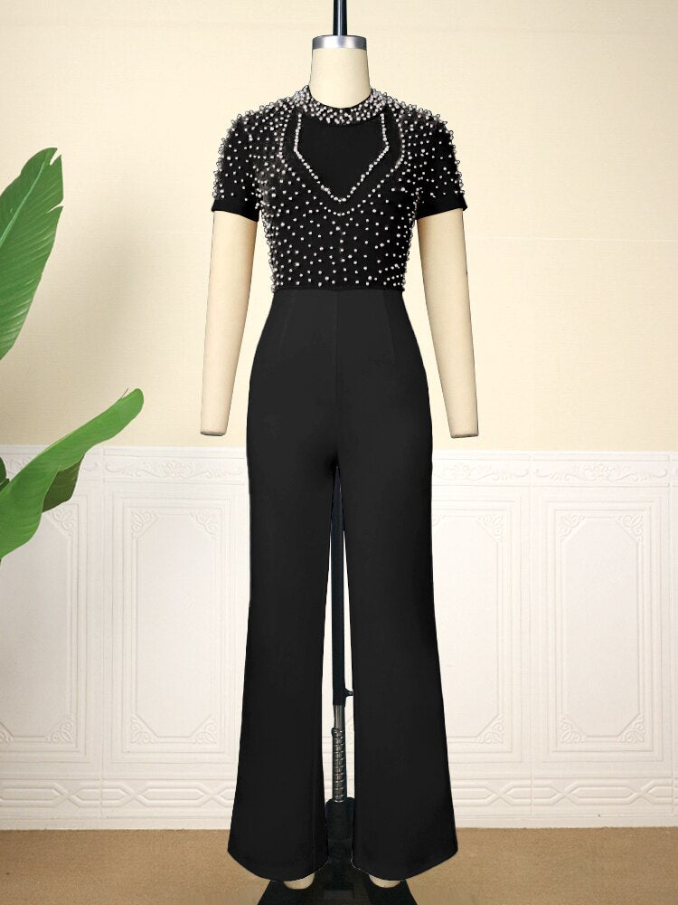 Jumpsuit for Women Sexy See Through Net Beaded High Collar Short Sleeve Wide Leg One Piece Rompers Cocktail Party Club Wear