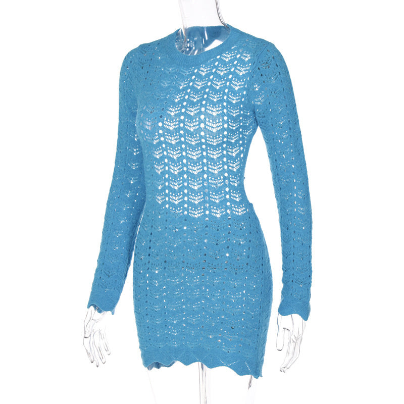 sixsr Round Collar Backless Blue Dress Women Sexy Long Sleeve Elegant Beachwear Solid Bodycon See Through Sheath Dress Female