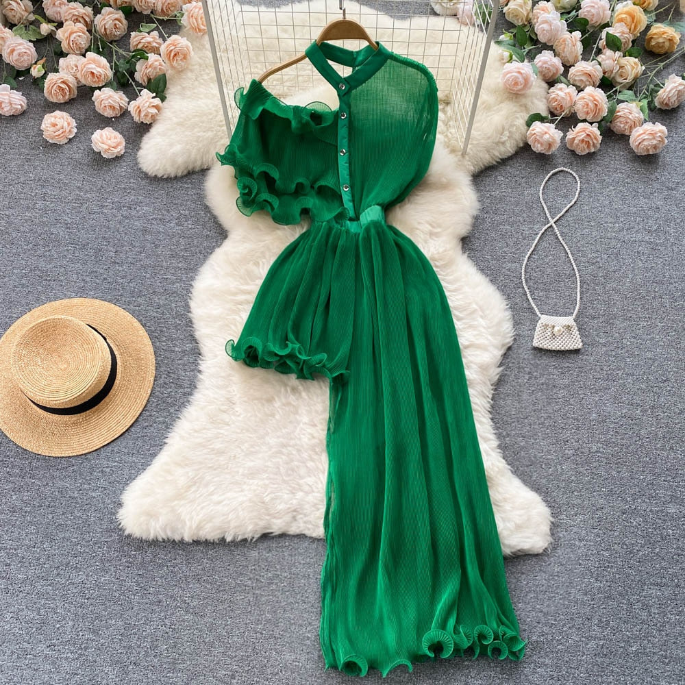 Summer Women Sexy Irregular Dress Elegant Female Ruffle Off Shoulder Slim High Waist Vestidos Green/White/Pink Robe New Fashion