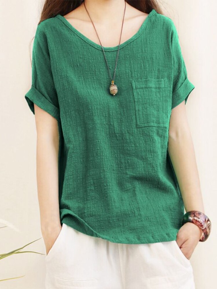 Green Loose Cotton Linen Blouse Oversize 5XL Blouses Women Summer Shirts Casual Short Sleeve O Neck Solid Shirt Lady Tops