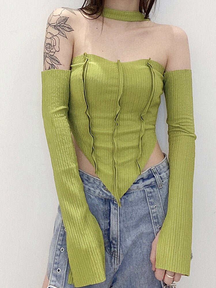 Sixsr Y2K Top Women Long Sleeve T-Shirts 2 Piece Tops Halter Tanks Backless Crop Top Off Shoulder Tees Sexy Christmas Clothes