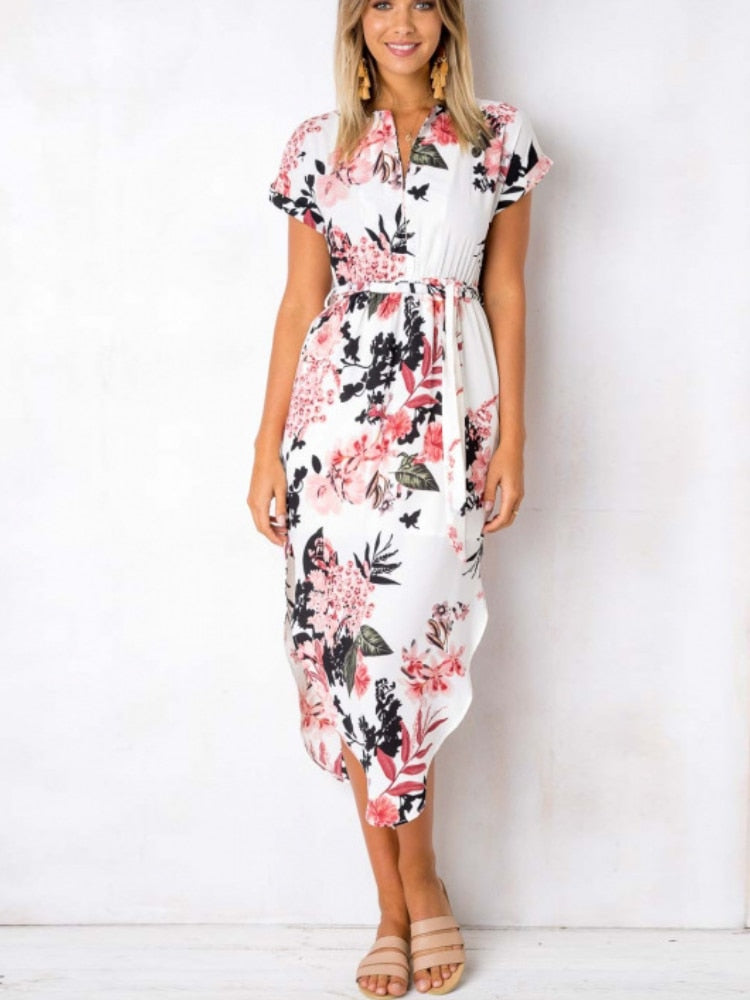 Summer Beach Maxi Dress Women Floral Print Boho midi Dress Ruffles Wrap Casual V-Neck Split Sexy Party Dress Robe