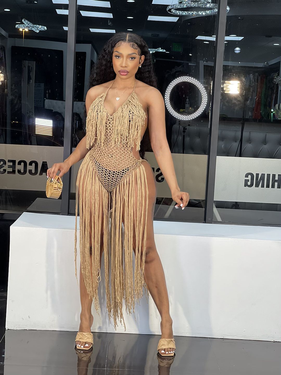 sixsr  Fashion Trends Knit Rib Tassel Bodysuit Rompers Sexy Fishnet Halter Lace Up V Neck See Through Jumpsuit Women Summer Beach Wear One Piece Dress