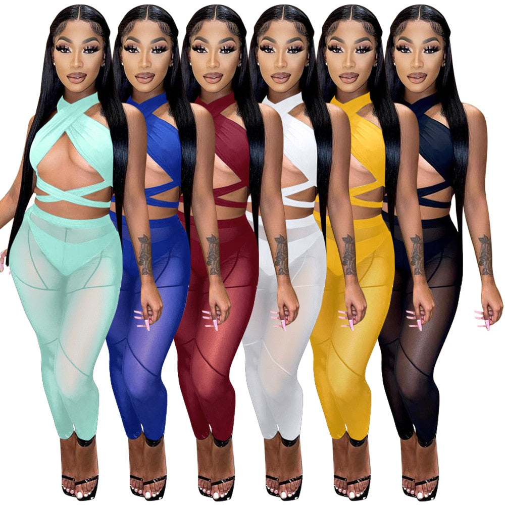 sixsr Womens Fashion 3 Pieces Set Bandage Lace Up Halter Crop Top Sheer Mesh Pants set Party Night Club Outfits Streetwear See Through Cloth