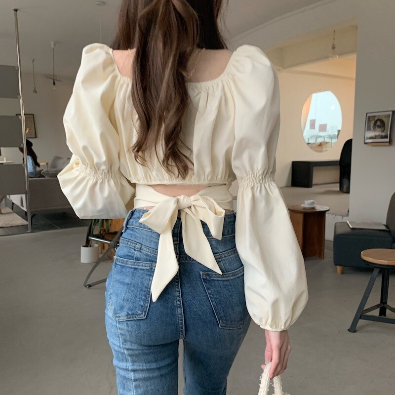 Elegant Blouse Women Spring Summer New French Style Square Collar Puff Sleeve Chic Shirts Ladies Casual Crop Top