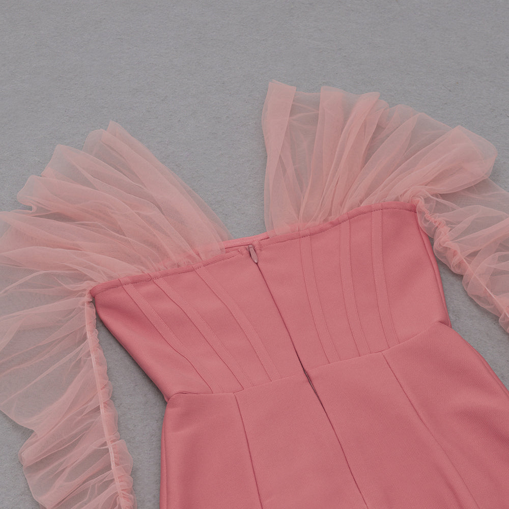 sixsr Fashion Trends Summer Women Sexy Off Shoulder Long Sleeve Backless Mesh Pink Mini Bodycon Bandage Dress Elegant Evening Club Party Dress