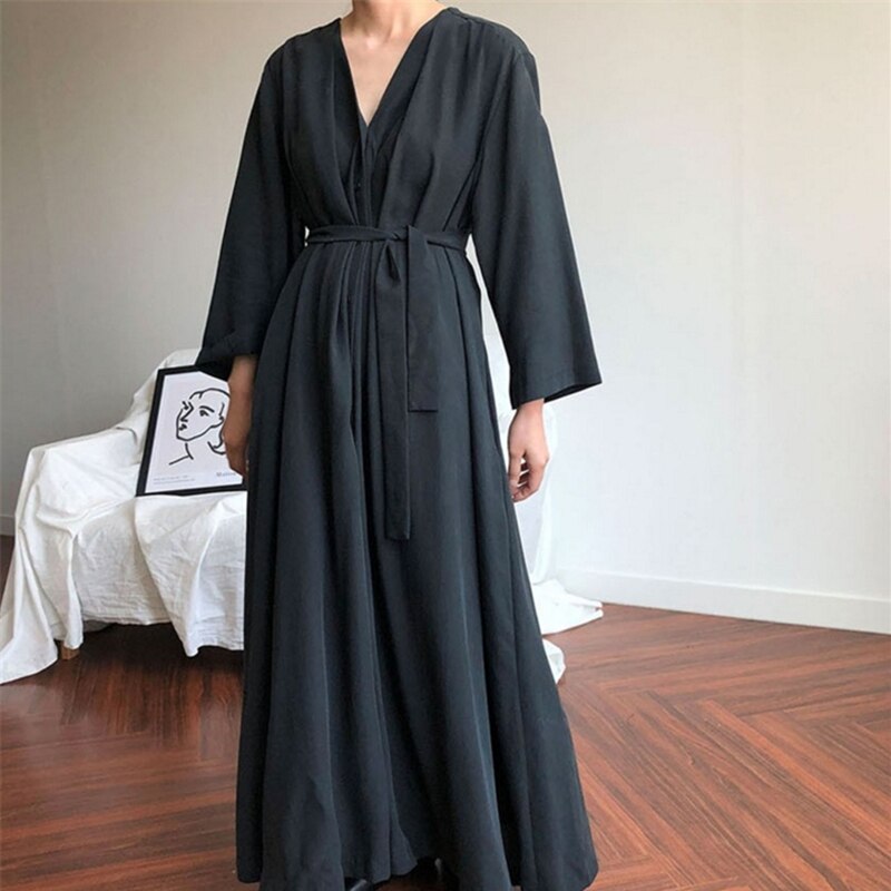 sixsr New  Lace Up Buttons Women Spring Summer Dresses Fashionable V-Neck Vintage Oversized Lady Pure Long Dress DR1150