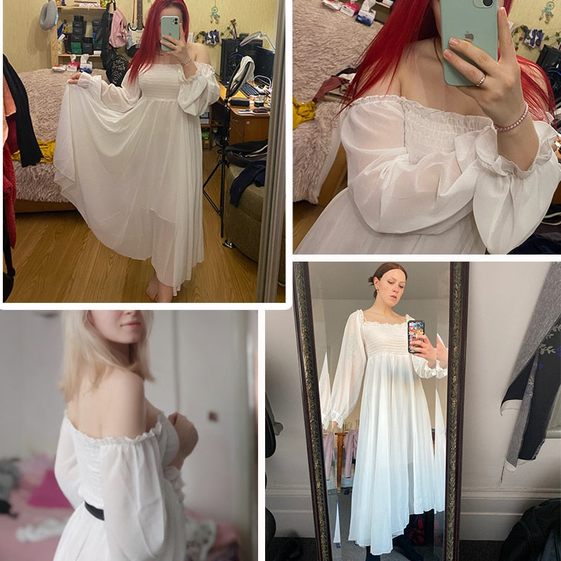 Sixsr New Spring Autumn Dresses for Women Women Elegant Holiday Dresses Puff Sleeve Slash Neck Off Shoulder Smocked White Chiffon Dresses