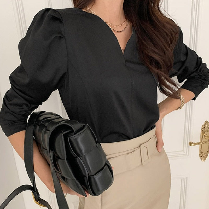 Sixsr Puff Sleeve Office Lady V-neck Long Sleeve Women Blouses for Women Fashion Spring New Korean Chic Casual Woman Shirts White Tops Blusas Mujer 12899
