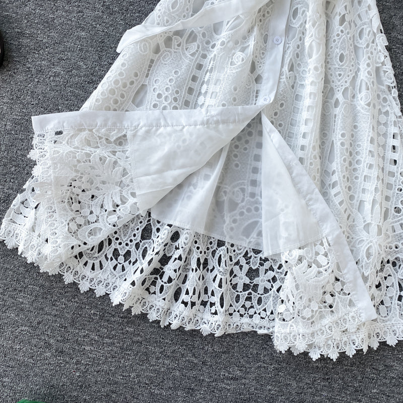 Sixsr Women Elegant Hollow Out Lace Dress Office Lady Summer Solid O-Neck Button up Sashes Midi Dress Female Chic Short Sleeve Dress