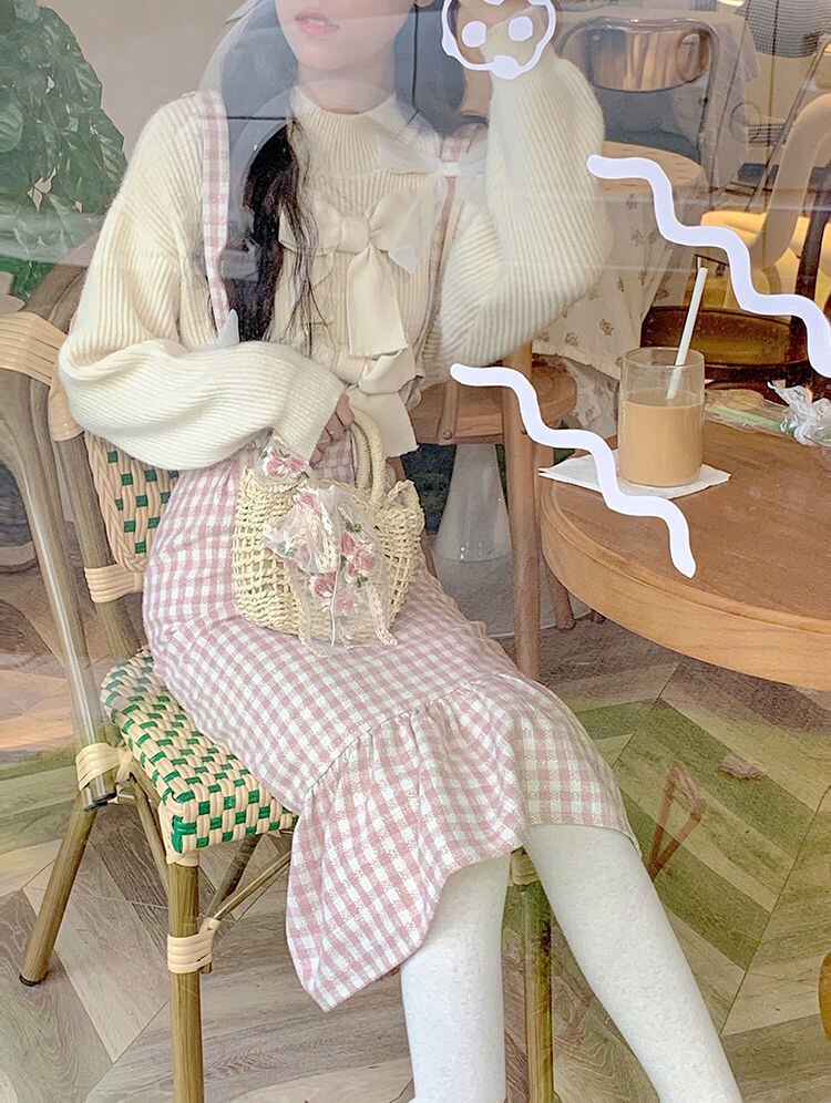 Sixsr Spring Japanese Kawaii Plaid Strap Skirts Women Sweet Bow Designer Party Midi Skirt Female Casual Korean Fashion Cute Skirt