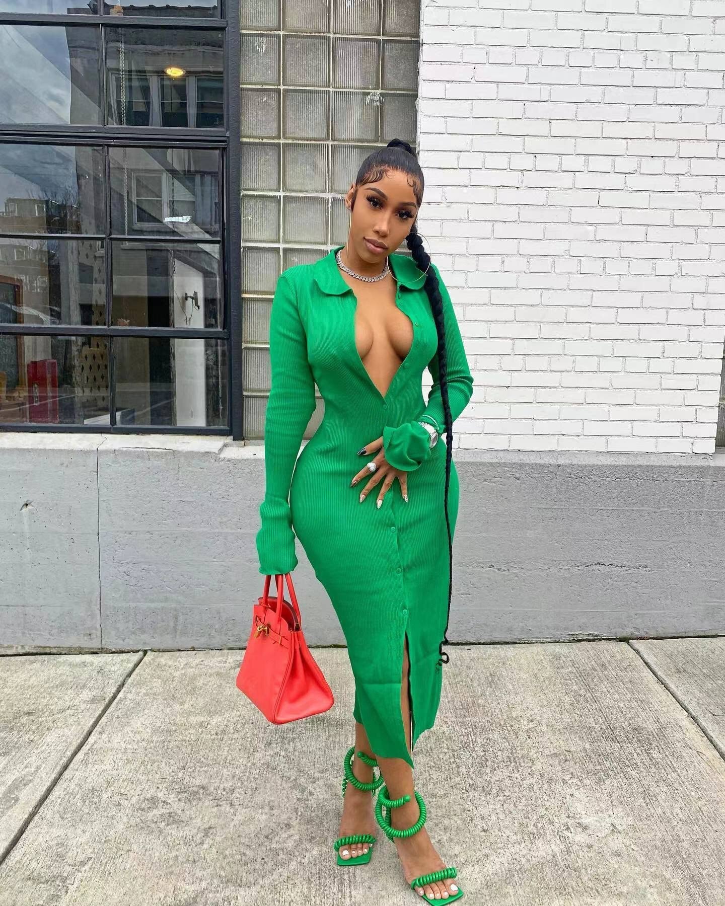 sixsr Womens Fashion Long Sleeve Knitted Button Midi Dress Turn Down Collar Slim Sexy Dresses Autumn Ribbed Robe Women Clothing Vestidos