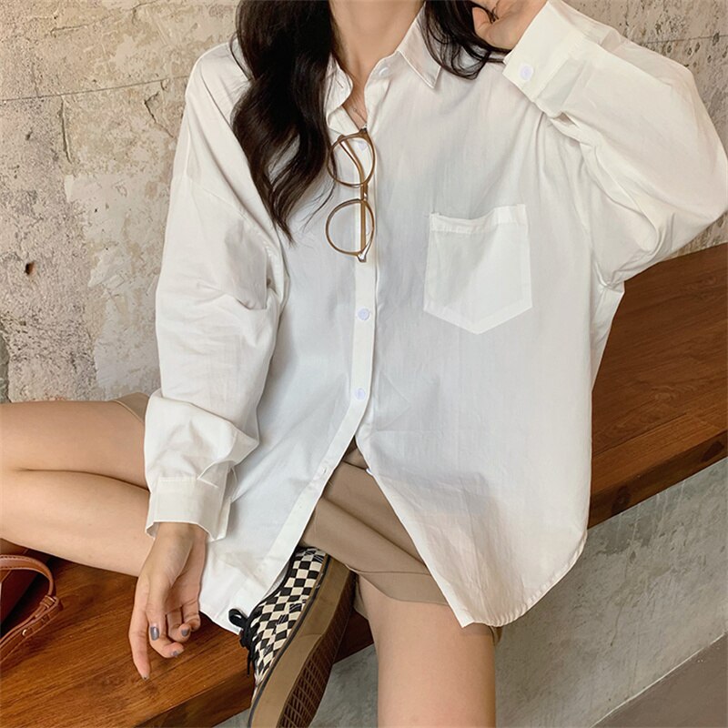 Prink Shirt for Women New Long Sleeve Turn Down Collar Oversized Blouses Office Ladies Korean Fashion Casual Top