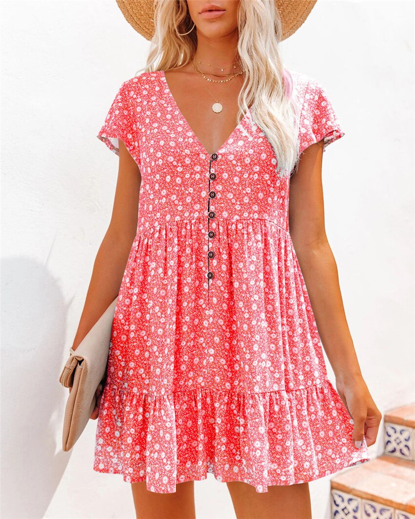 Spring summer v-neck floral short-sleeved dress