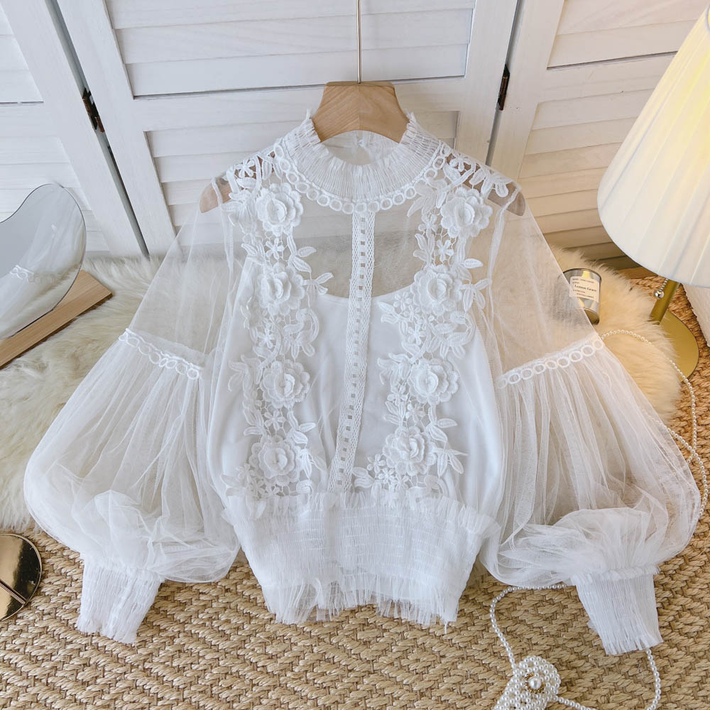Sixsr spring Women Mesh Tops Fashion Sexy Sheer Lace Blouse Lantern Sleeve 3D Floral Blouses Shirts Elegant Top Blusas Femininas
