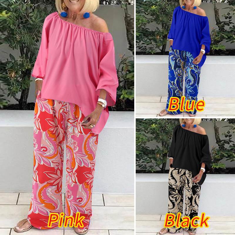 Pants Sets Fashion One Shoulder 3/4 Sleeve Tops Floral Print Wide Leg Trouser Women Two Piece Sets Casual Loose Suit