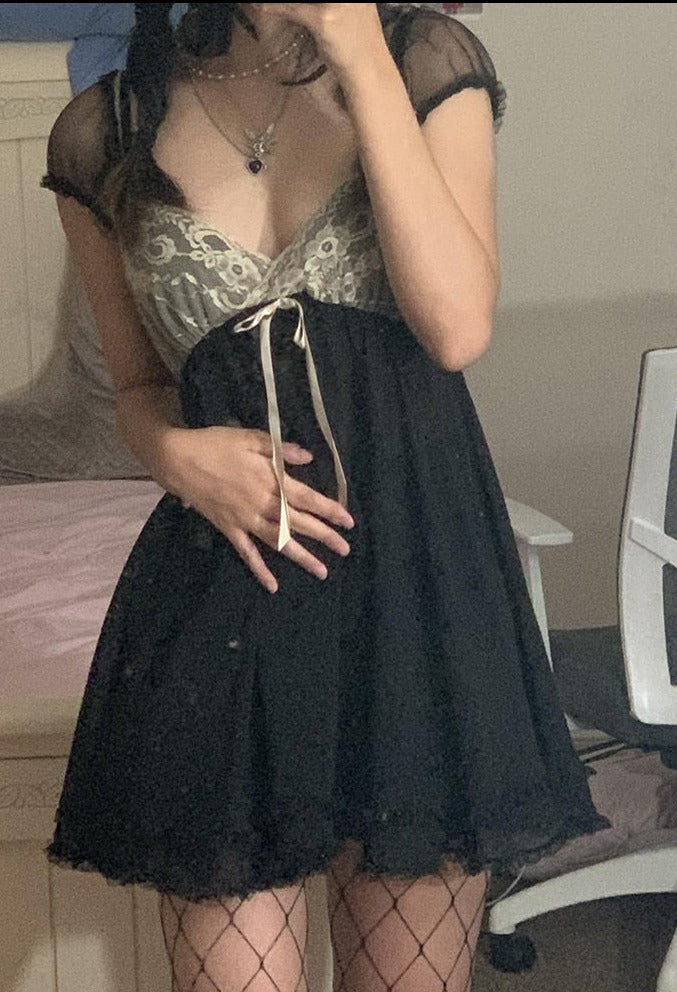 sixsr Summer Outfits Hot Sell Patchwork Lace Cute Y2K Chiffon Dresses Women Square Collar Elegant Grunge Fairycore Clothes Ruffles Short A Line Dress