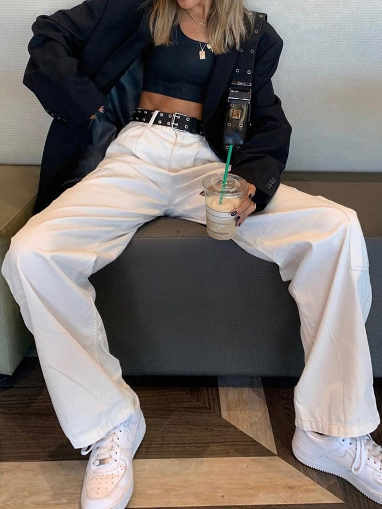 Sixsr Fashion Streetwear Women Jeans Pocket High Waist Jeans Korean Casual Straight Harajuku Denim Pants Baggy New Cargo Pants