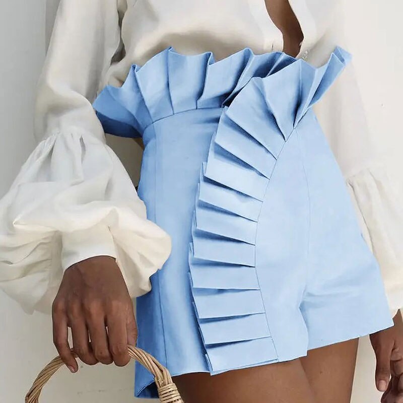 Women's Bottom Ruffle Hem Shorts Pleated High Waist Solid New Fashion Pant Elegant Summer Casual Female Clothing Outfits