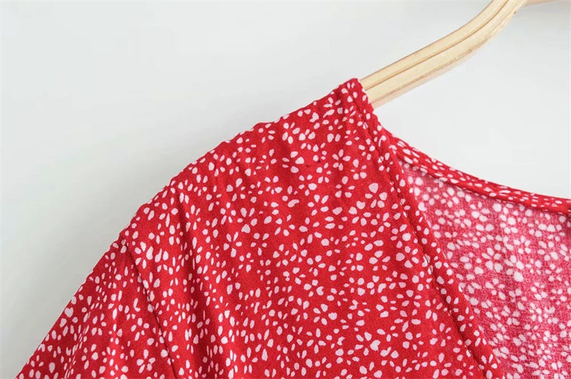 sixsr  Fashion Trends Red dot Print Boho Long Chiffon Summer Beach Midi Dress Women Floral V-Neck Folds Ruffles Wrap Dresses Casual Split  vestidos