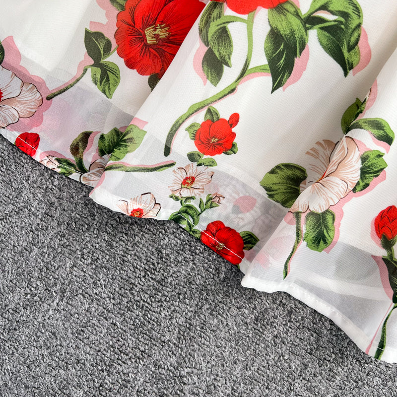 Sixsr Summer Outfits Ladies French Retro V-neck Floral Women Dress Elegant Draped Flowers Short Puff Sleeves Slim Fairy Mid-calf A-line Dress