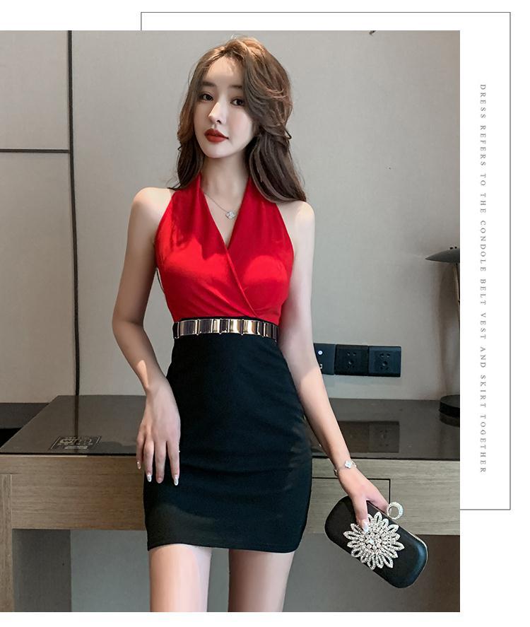 Summer New Women's Fashion Sexy V-Neck Design Tight Sleeveless Short Dress Elegant Slim Office Ladies Contrast Color A-line