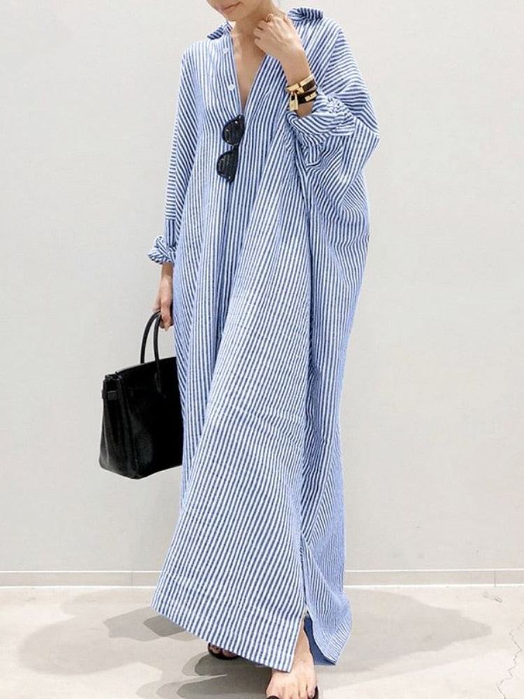 Summer New Dress Fashion Cotton Linen Striped Cardigan Loose Large Casual Temperament Commuter Irregular Women's Long Dress tops