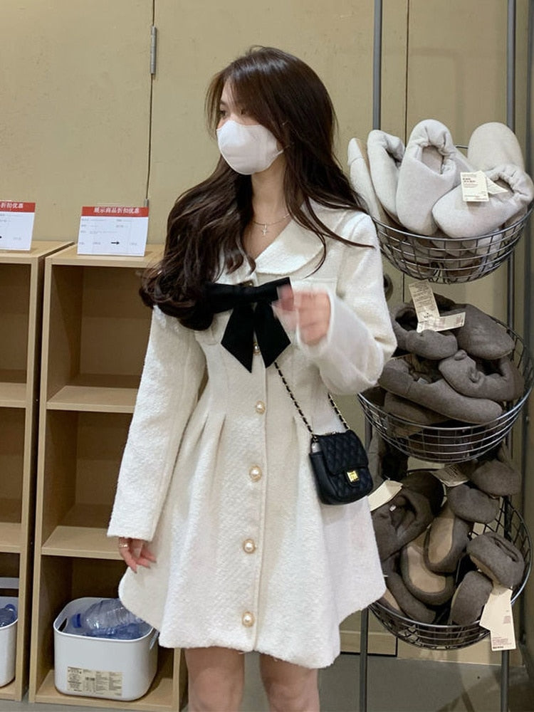 sixsr Fall Fashion Sweet Kawaii Lolita White Dress Women Japanese Soft Peter Pan Collar Cute Short Dresses Elegant Autumn Bow