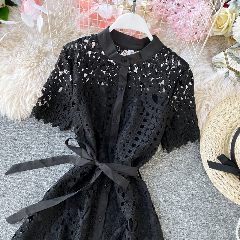 Sixsr Women Elegant Hollow Out Lace Dress Office Lady Summer Solid O-Neck Button up Sashes Midi Dress Female Chic Short Sleeve Dress