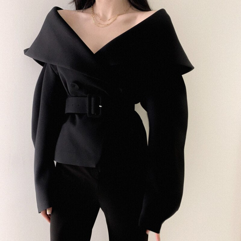 Sixsr Women Spring Autumn Short Blazer Coat with Belt Big Lapel Collar Female Full Sleeve Cardigan Outerwear