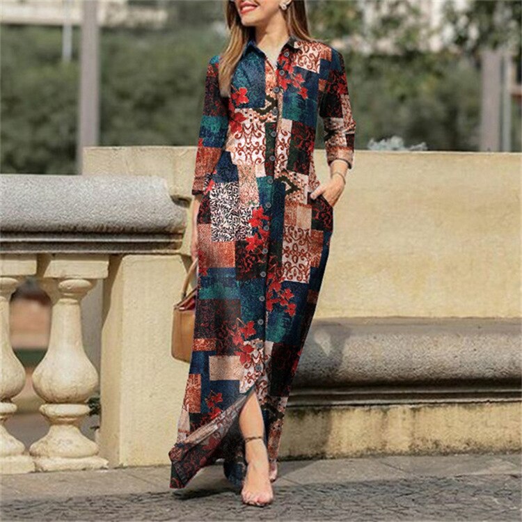 sixsr Fall Outfits Autumn Vintage Floral Printed Cotton Dress Women Casual Lapel Collar Button Up Dresses Bohemian Vestidos Long Robe
