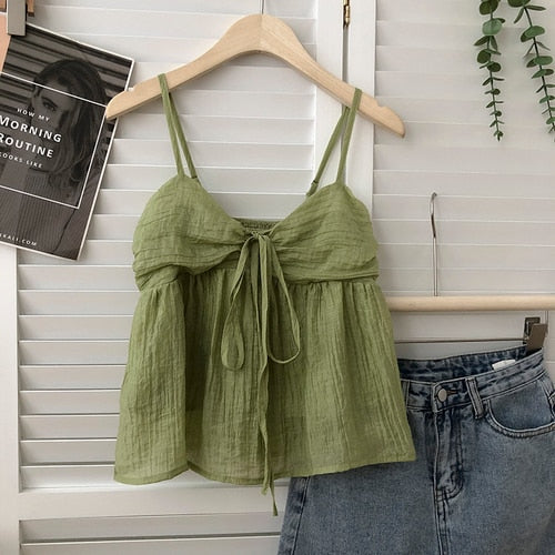 Summer New Korean Style Sweet Crop Tops All-Match Bow Tie Sleeveless Short Mesh Outer Wear Spaghetti-Strap Camisole Top