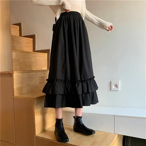 Spring/Autumn Women Skirts High Waist Student Korean Style Dark Vintage Ruffle Long A-line Skirts Women Fashion