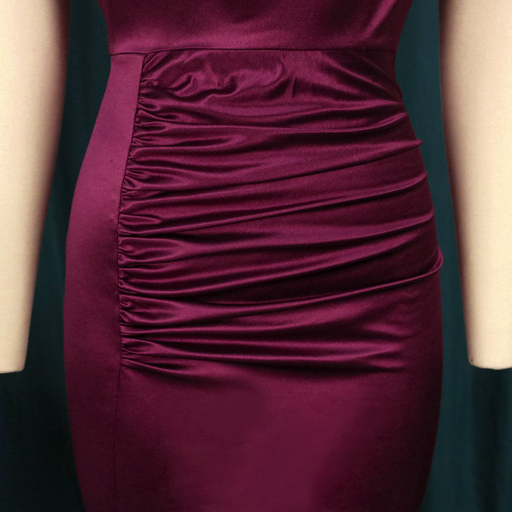 sixsr Women Dress Pleated Long Wine Red Elegant Slit High Collar Slim Fit Sleeveless Maxi Robes Female Shiny Gowns Party  Spring