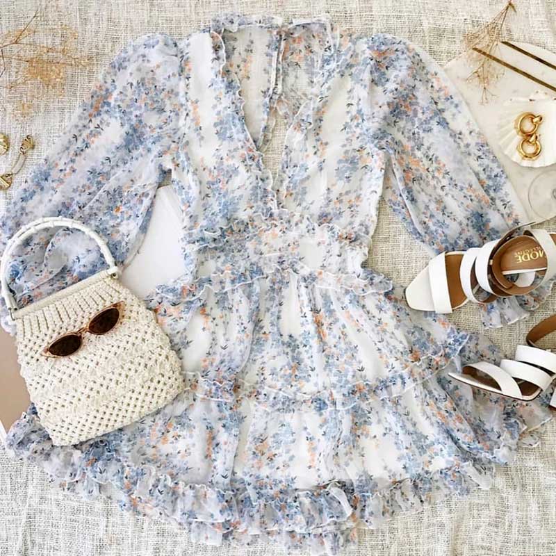 sixsr Harlow Floral Print Ruffle Dress women backless V-neck dress women mini summer dress ladies party dress