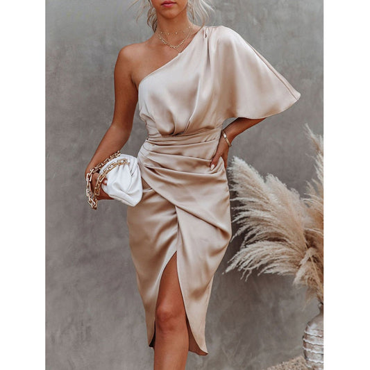 sixsr Sexy Party Satin Silk Autumn Winter Dress For Women Short Sleeve One Shoulder High Split Bandage Long Dresses  Summer New
