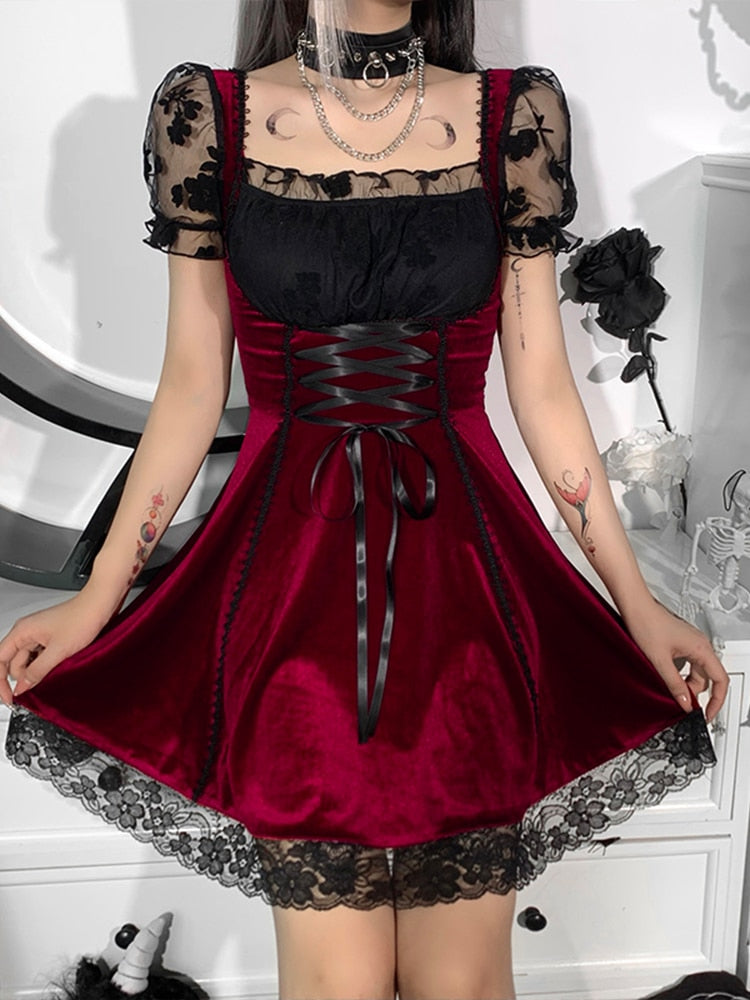 Sixsr Women Fashion Gothic Vintage Velvet Croset Dress Aesthetic Punk Hight Waist Lace Trim Mesh Mini Dresses Fairy Grunge Partyclub Dress