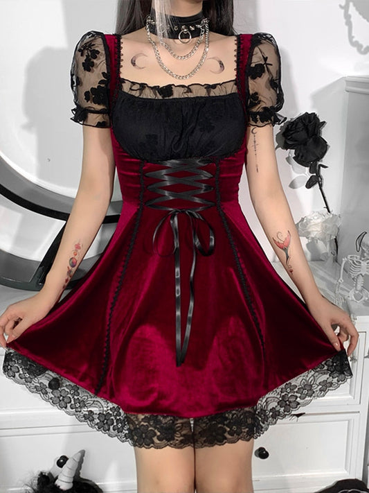 Sixsr Women Fashion Gothic Vintage Velvet Croset Dress Aesthetic Punk Hight Waist Lace Trim Mesh Mini Dresses Fairy Grunge Partyclub Dress