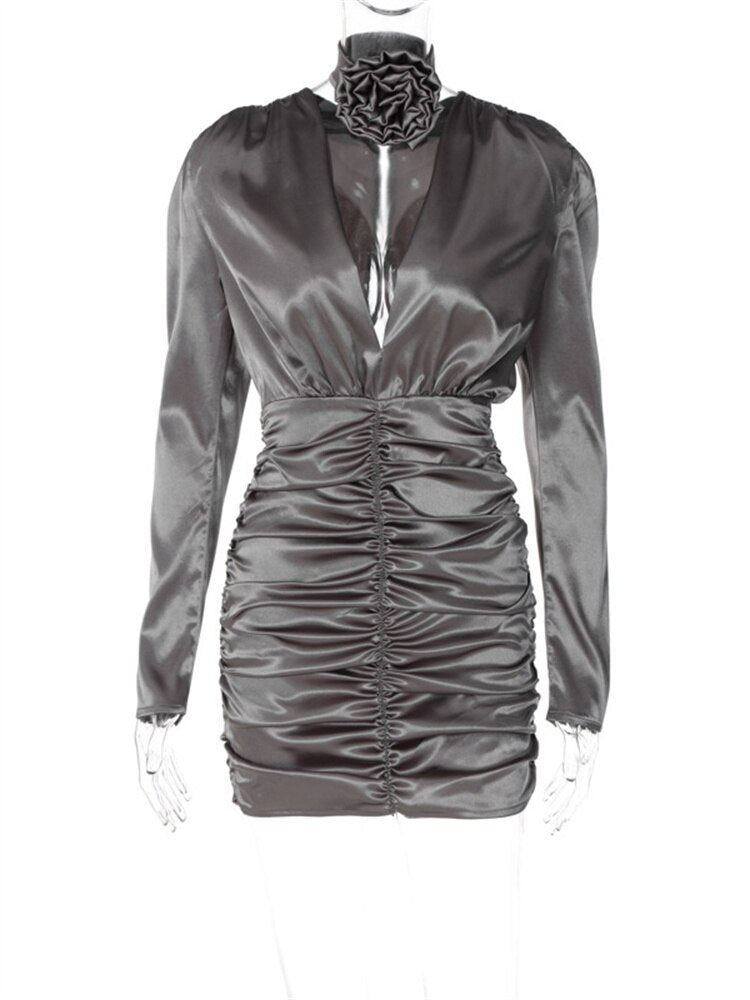 sixsr Womens Fall Fashion Satin Ruched Deep V Neck Long Sleeve Mini Bodycon Dress Women Autumn Winter Elegant Sexy Party Dresses